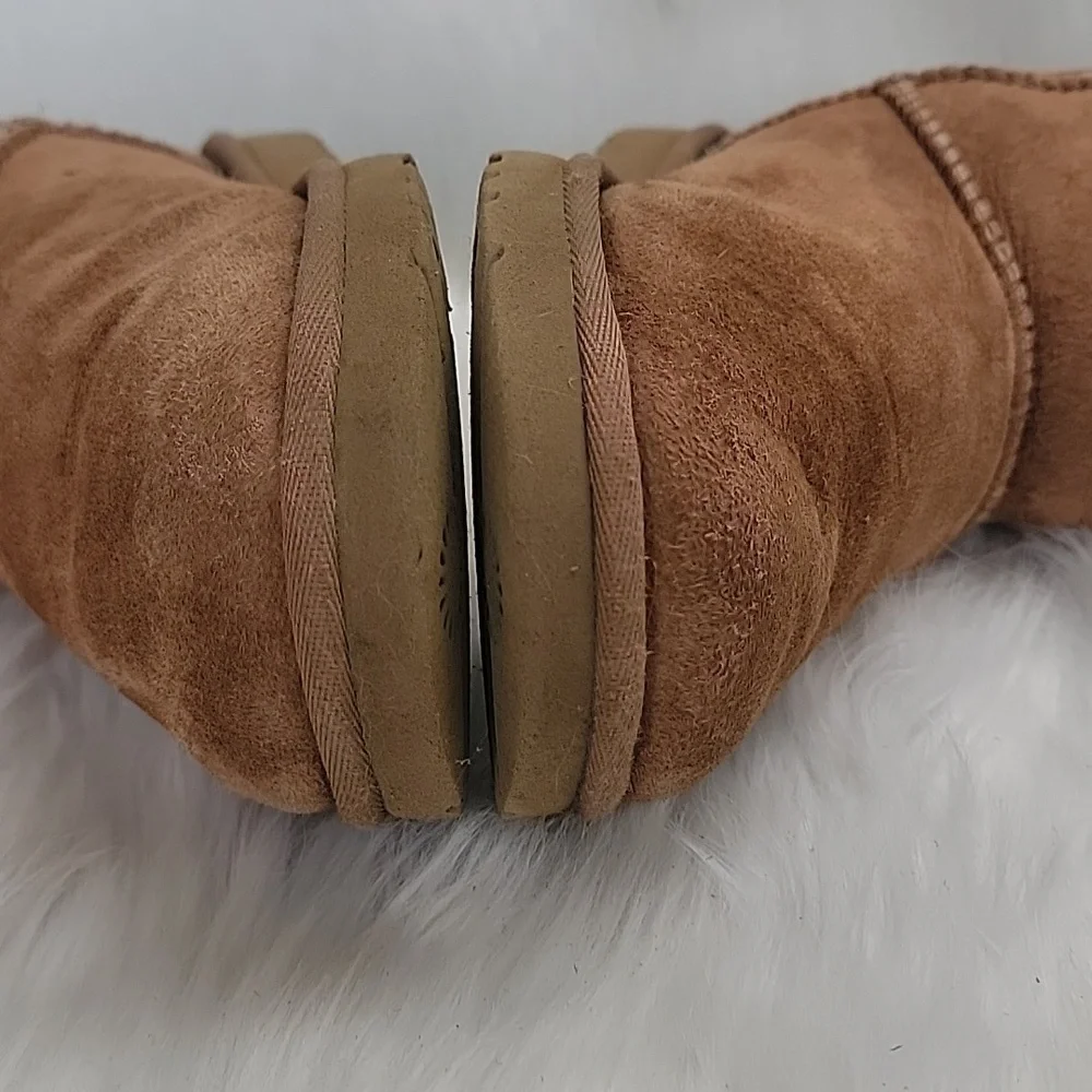 UGG Bailey Button Triplet Tall Chestnut‎ Suede Shearling Mid Calf Pull On Boots